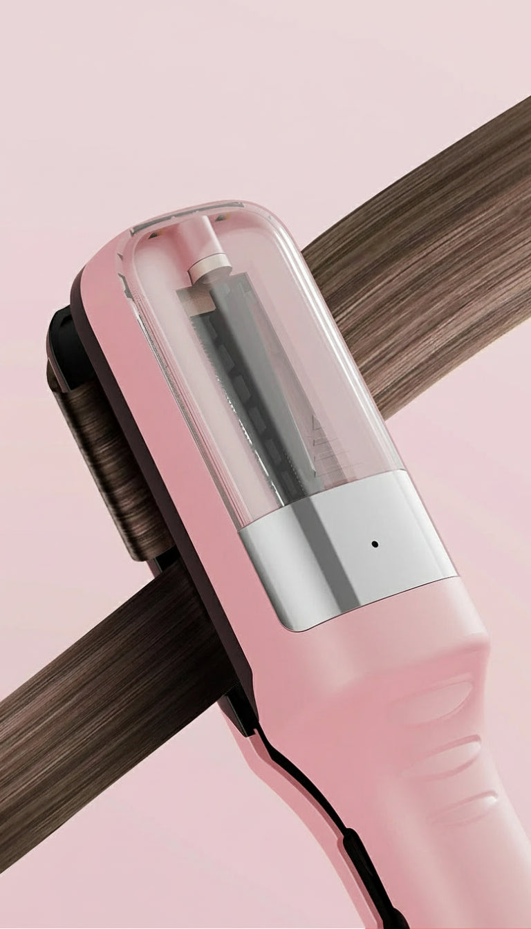 Hair straightening tool with text on a pink background